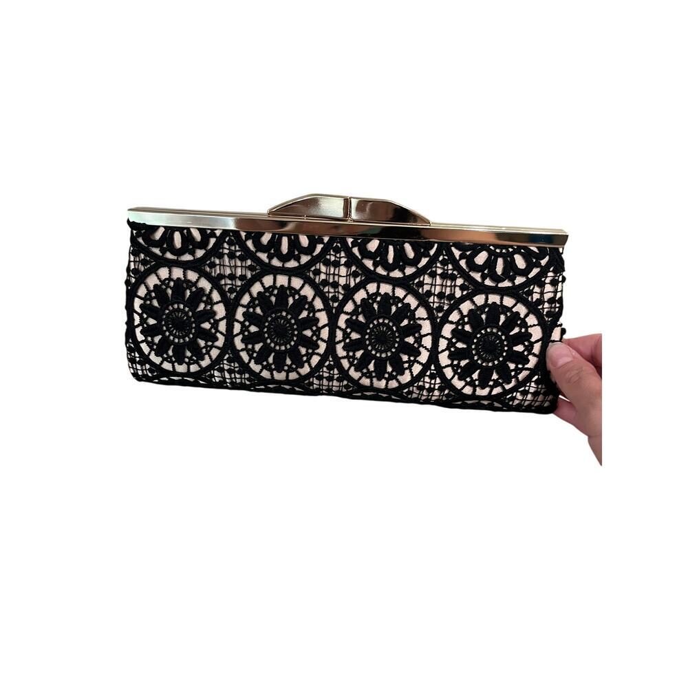 Jessica McClintock Lace Clutch Evening Bag Black Cream Gold Chain